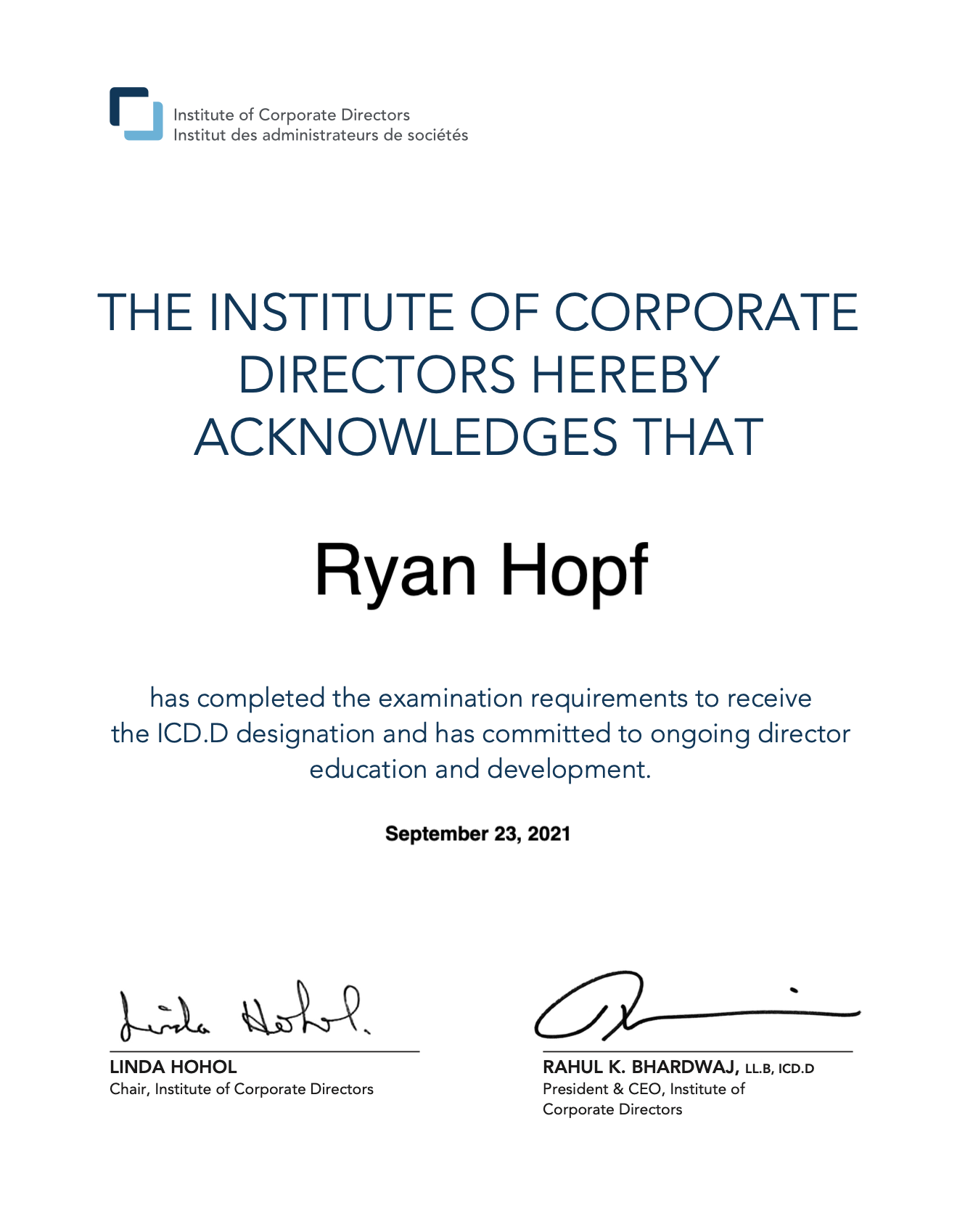 ICD.D designation certificate for Ryan Hopf